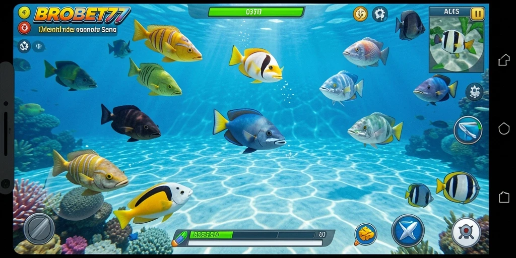 Screenshot gameplay BROBET77 dengan ikan berwarna-warni dan aksi menembak yang seru.