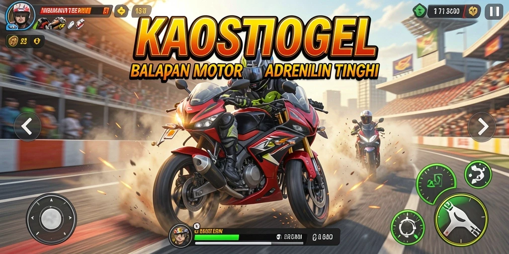 Gameplay KAOSTOGEL yang mendebarkan dengan balapan motor cepat.